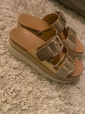 Madden Girl Metallic Gold Double-Buckle Platform Slide Mules